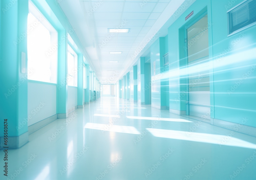 Deep hospital corridor, detail of a white corridor in a hospital, architecture and health. Long corridor with medical bed in modern hospital. AI Generative.