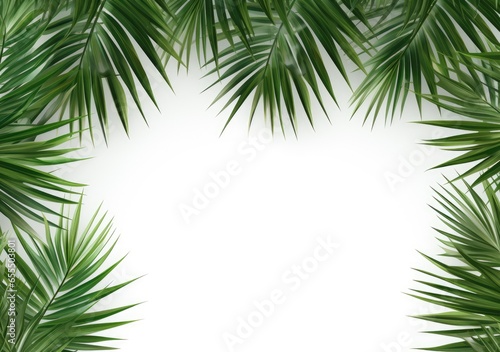 Group of green leaf frame on white. Summer palm leaves on White background, AI Generative.