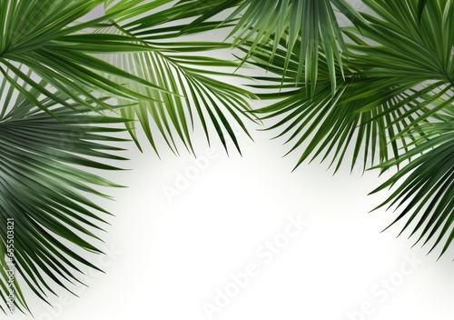 Group of green leaf frame on white. Summer palm leaves on White background, AI Generative. © peacehunter