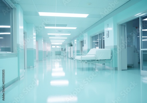 Deep hospital corridor  detail of a white corridor in a hospital  architecture and health. Long corridor with medical bed in modern hospital. AI Generative.
