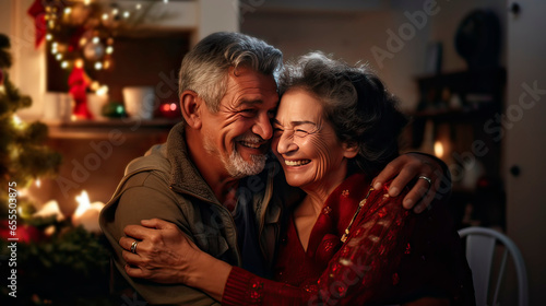 Portrait of a latin senior couple hugging on christmas season indoors. Generative AI.