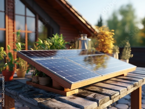 Modern solar panel on th roof with plants at morning, Solar panel on red roof reflecting sun and cloudless blue sky. Ai generative.