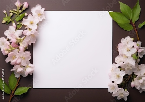 Composition with flowers and blank paper on a beige background. Greetind card mockup. AI Generative. photo