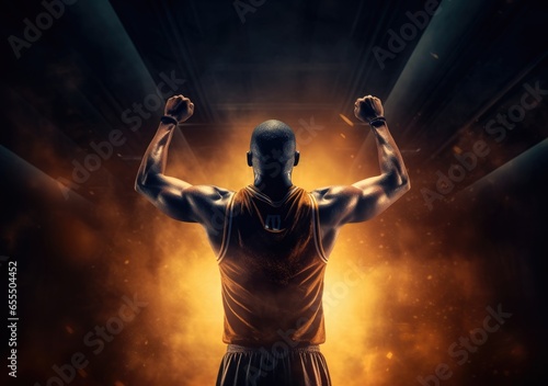 Rear view of a basketball player with his arms in the air in a gymnasium. Victorious basketball player raising his arms up. Ai generative. © peacehunter