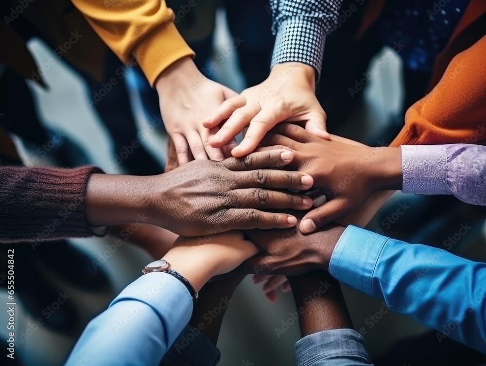 Diverse business people group put hands together in stack pile at training as concept of sales team corporate unity connection, teambuilding loyalty, support in teamwork, coaching Diverse business people group put hands together in stack pile at training as concept of sales team corporate unity connection, teambuilding loyalty, support in teamwork, coaching