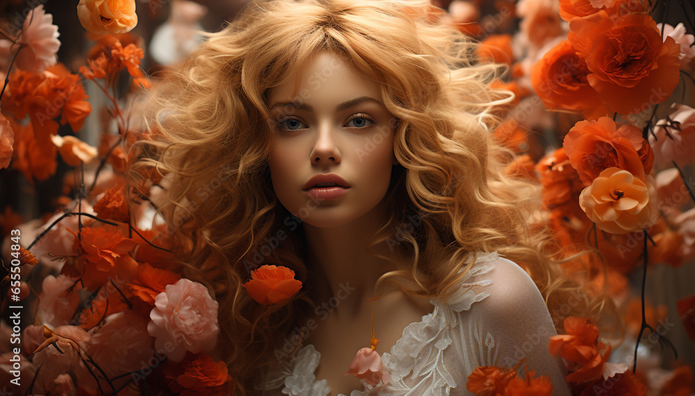 Beautiful Caucasian woman with blond hair, posing in nature elegance generated by AI Beautiful Caucasian woman with blond hair, posing in nature elegance generated by AI