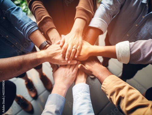 Diverse business people group put hands together in stack pile at training as concept of sales team corporate unity connection  teambuilding loyalty  support in teamwork  coaching
