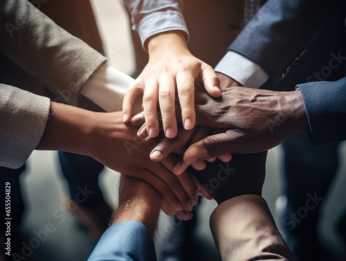 Diverse business people group put hands together in stack pile at training as concept of sales team corporate unity connection, teambuilding loyalty, support in teamwork, coaching