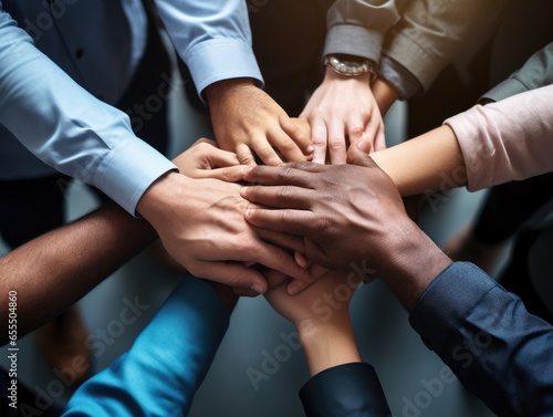 Diverse business people group put hands together in stack pile at training as concept of sales team corporate unity connection, teambuilding loyalty, support in teamwork, coaching © peacehunter