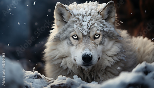 Cute wolf in snow  looking at camera  wild beauty captured generated by AI