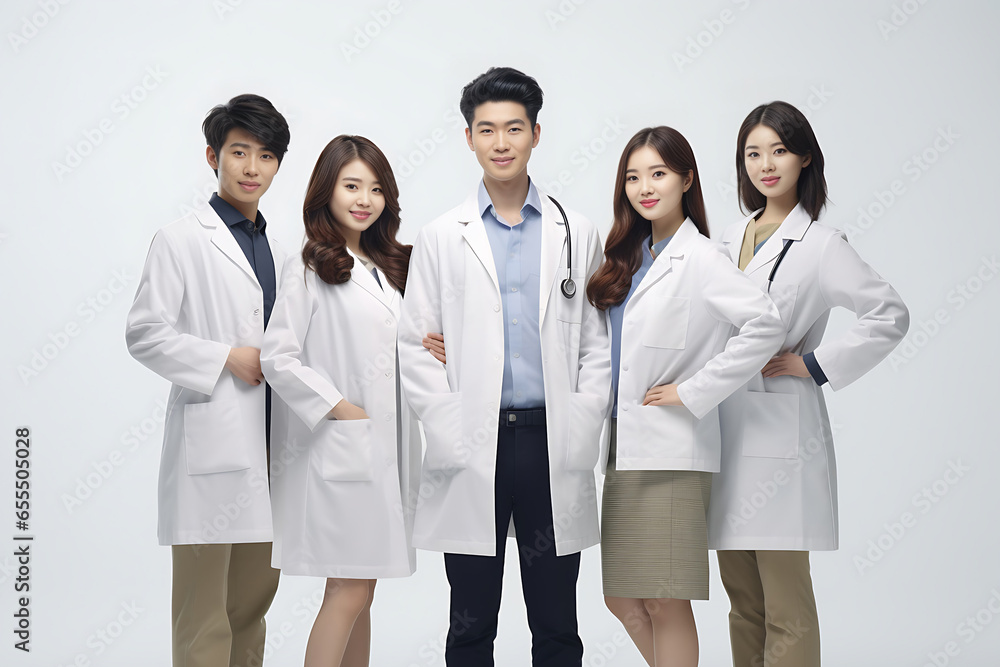 Smiling female and men doctor standing with medical colleagues in a hosp. Healthcare people group. Medical technology research institute and doctor staff service concept. Generative AI.