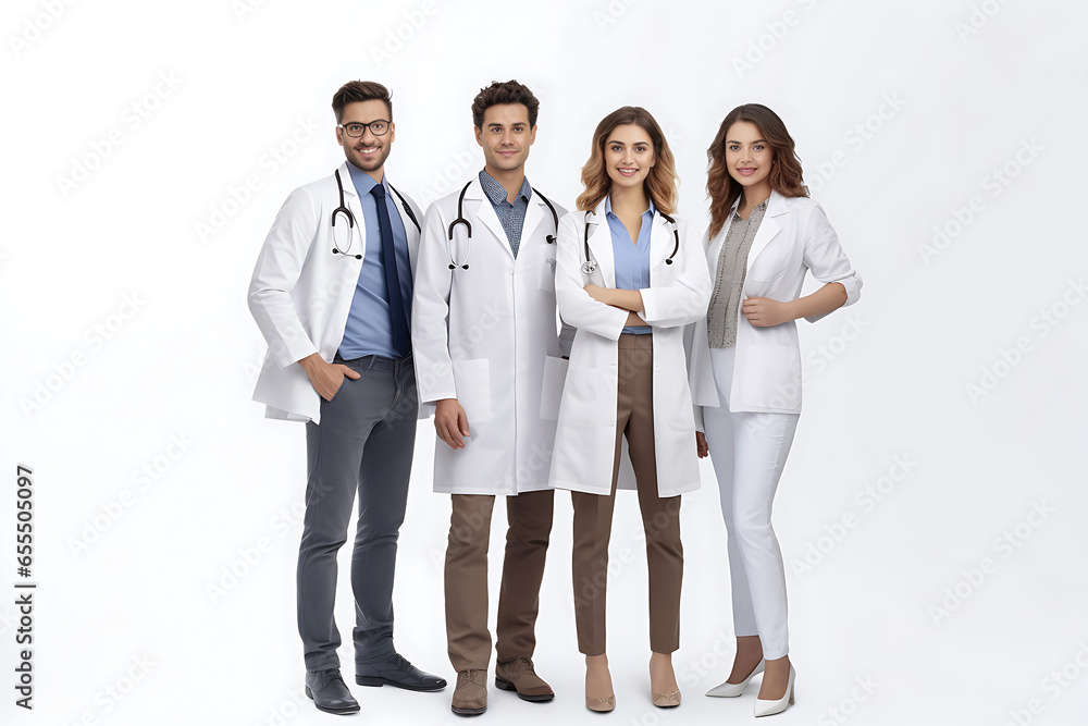 Smiling female and men doctor standing with medical colleagues in a hosp. Healthcare people group. Medical technology research institute and doctor staff service concept. Generative AI. Smiling female and men doctor standing with medical colleagues in a hosp. Healthcare people group. Medical technology research institute and doctor staff service concept. Generative AI.
