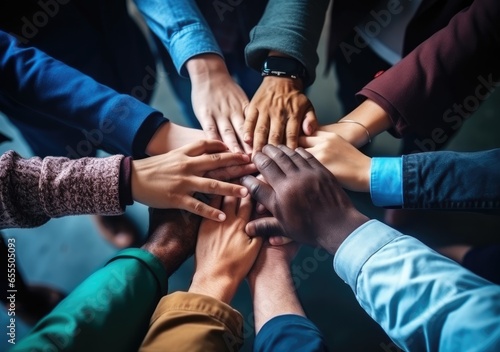 Diverse business people group put hands together in stack pile at training as concept of sales team corporate unity connection, teambuilding loyalty, support in teamwork, coaching