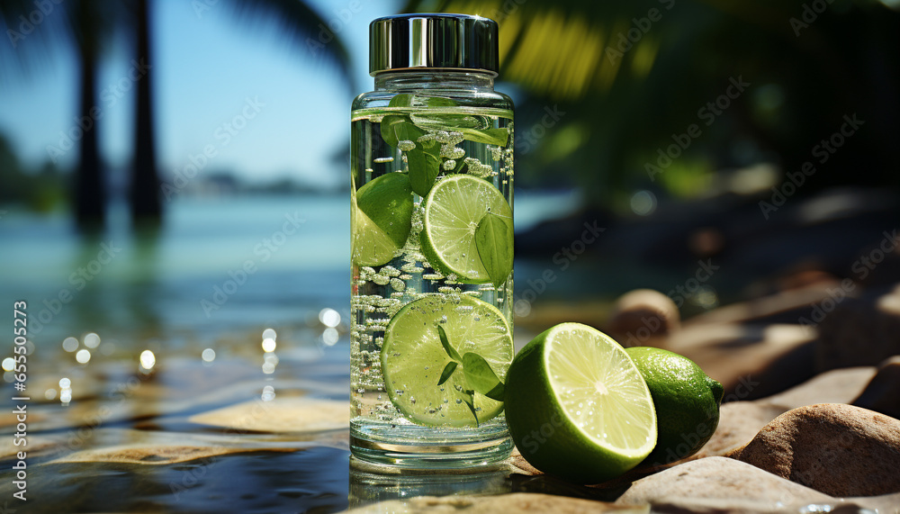 Refreshing summer cocktail with lime, lemon, and mint leaf garnish generated by AI Refreshing summer cocktail with lime, lemon, and mint leaf garnish generated by AI