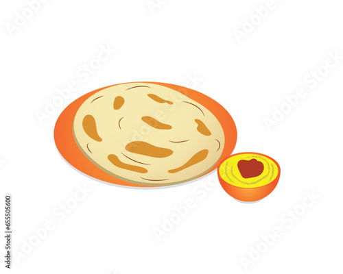 A vector of "roti canai" serve with dhal on white background.