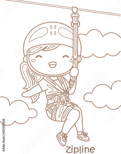 Alphabet Z For Zipline Vocabulary School Lesson Cartoon Coloring Pages A4 for Kids and Adult