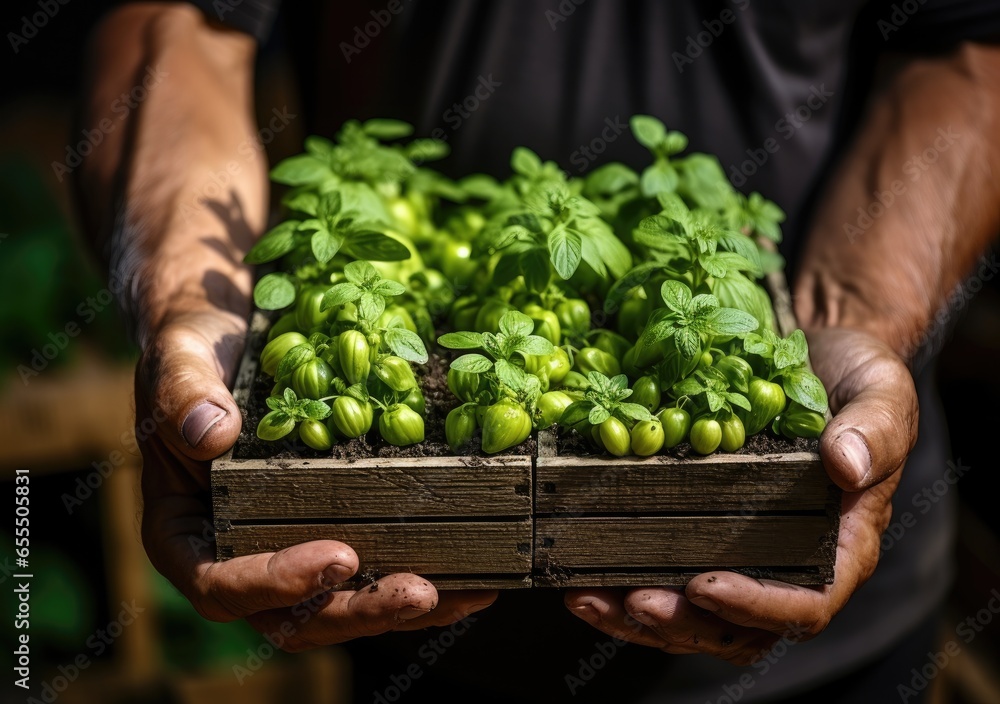 Young farmer with freshly picked tomato in basket. Hand holding wooden box with vegetables in field. Fresh Organic Vegetable. AI Generative. Young farmer with freshly picked tomato in basket. Hand holding wooden box with vegetables in field. Fresh Organic Vegetable. AI Generative.