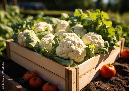 Young farmer with freshly picked Cauliflow in basket. Hand holding wooden box with vegetables in field. Fresh Organic Vegetable. AI Generative. photo