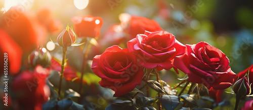 Red rose flower in the garden and sunlight with bokeh,Generative AI