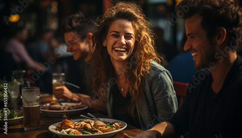 Men and women smiling  enjoying food and drinks at a bar generated by AI