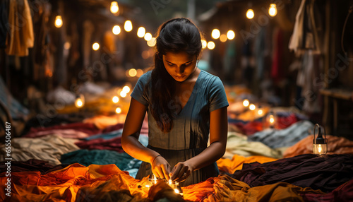 Smiling young woman enjoys candle warmth in cozy home interior generated by AI © Gstudio