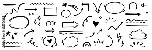 Line arrow, underline, round frame hand drawn vector element set. Hand drawn doodle scribble text highlight, underline, arrow pen stroke style. Doodle grunge rough element. Vector illustration.