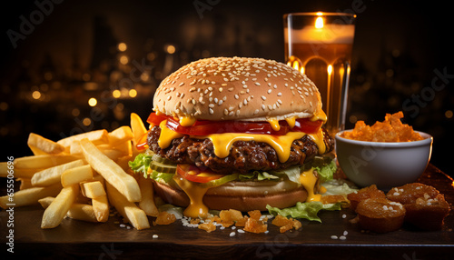 Gourmet grilled beef burger with cheese  fries  and refreshing cola generated by AI