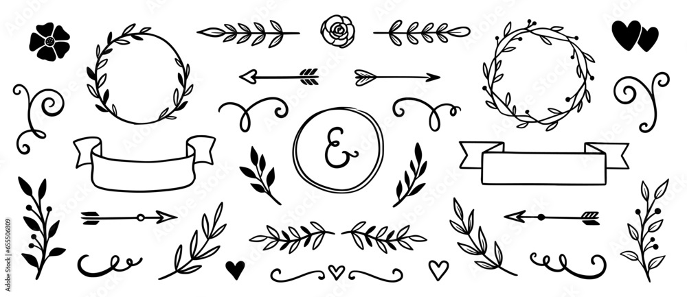 Flower frame, vintage ribbon doodle element. Hand drawn doodle cute floral border, arrow, banner ribbon set. Wedding swirl element, floral frame, flower decorative element. Vector illustration - obrazy, fototapety, plakaty 