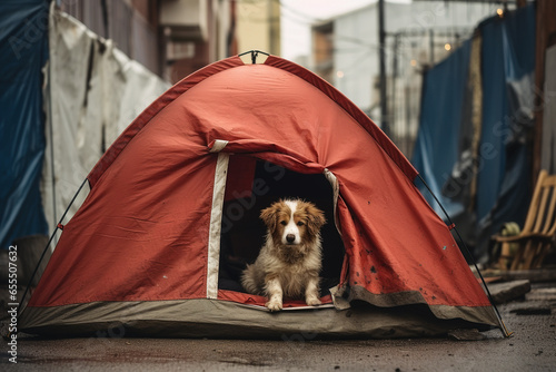 An image of a dog sits in a tent on street - Generative AI