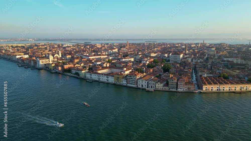 Venice Italy skyline, aerial view of Basilica di Santa Maria della Salute and Grand Canal at sunrise Venice Italy skyline, aerial view of Basilica di Santa Maria della Salute and Grand Canal at sunrise