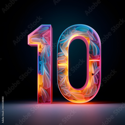 Number 10 in colouful holographic neon style on dark background. 3d rendering photo