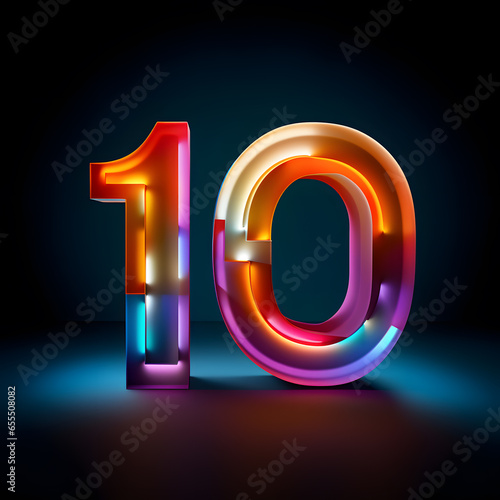 Number 10 in colouful holographic neon style on dark background. 3d rendering photo