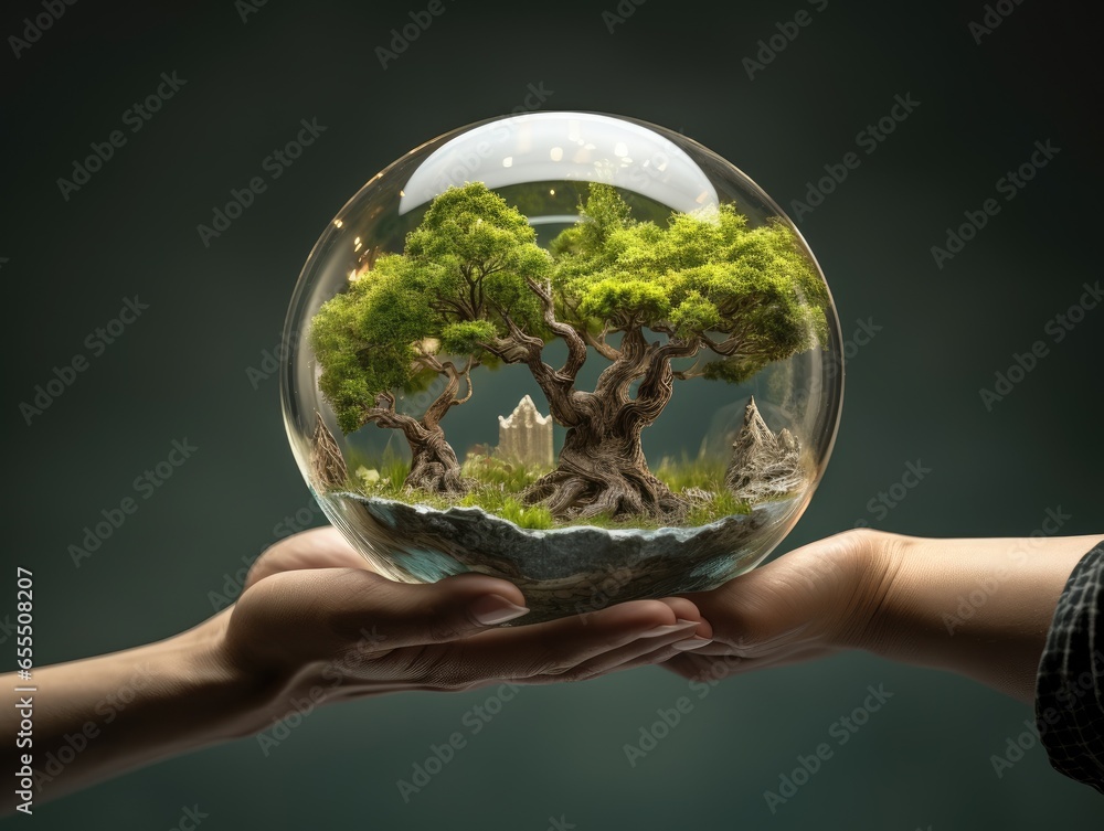 ESG environment social governance concept. Hand-holding crystal globe. Business cooperation for a sustainable environment.World sustainable environment concept. AI Generative.