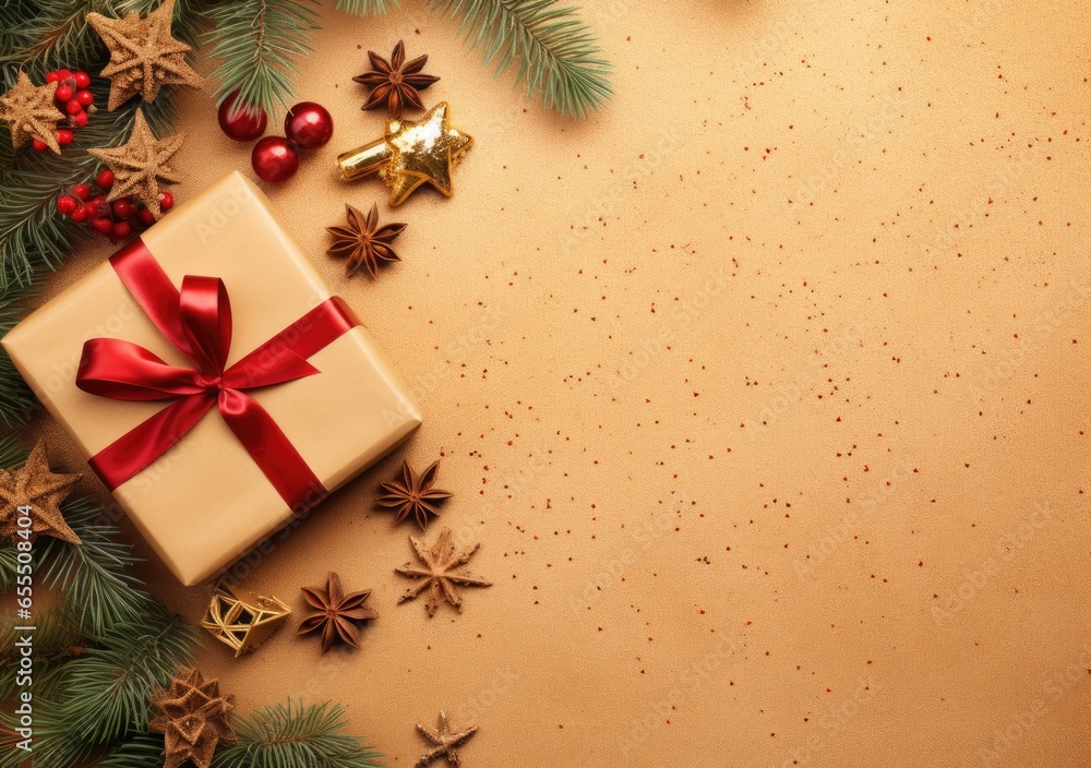 Christmas and new year border with fir branches and decoration ornaments elements on golden background. Realistic 3d design. Bright Christmas and New Year background light garlands, gold confetti. Christmas and new year border with fir branches and decoration ornaments elements on golden background. Realistic 3d design. Bright Christmas and New Year background light garlands, gold confetti.