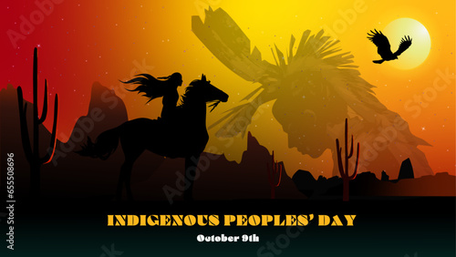 Indigenous Peoples' Day Graphic, Native American in desert watching eagle, sunset desert, American Indian in desert 