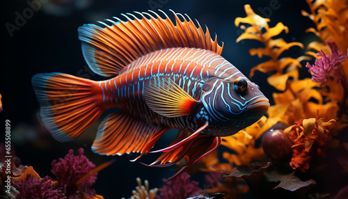 Vibrant colors of striped fish swimming in underwater tropical reef generated by AI