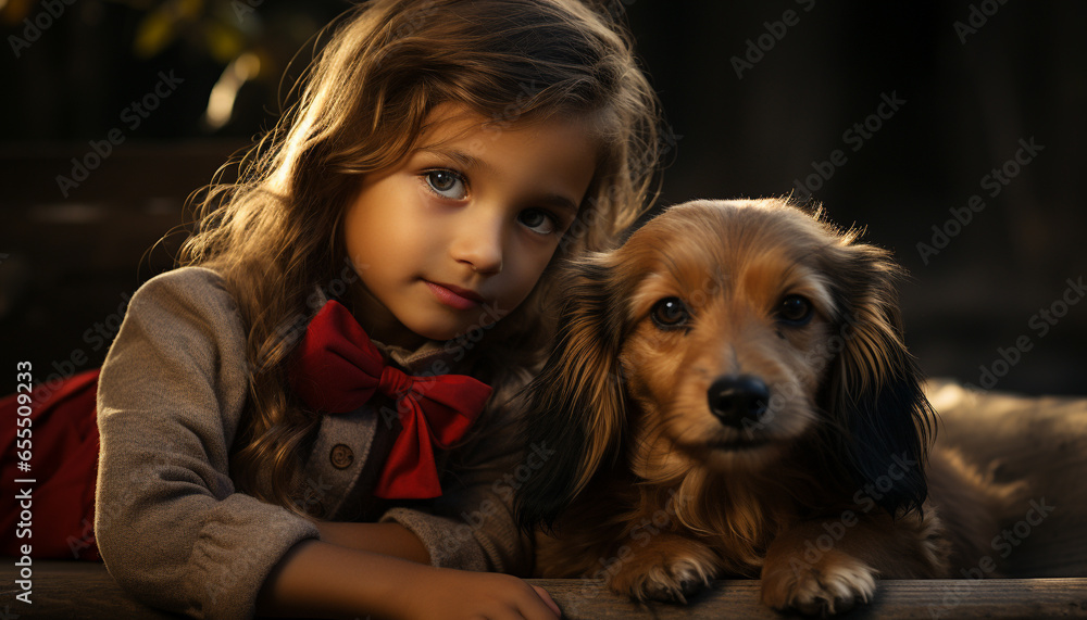 Cute dog, child, portrait, animal, small, smiling, puppy, girls, childhood, friendship generated by AI