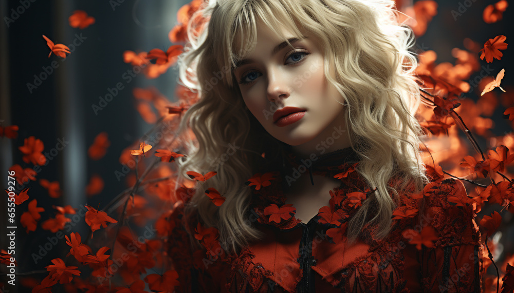 Beautiful blond woman with curly hair, looking at camera in autumn generated by AI Beautiful blond woman with curly hair, looking at camera in autumn generated by AI