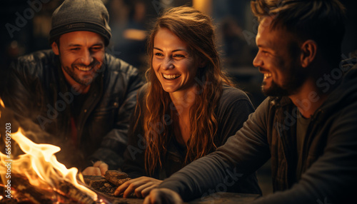 Men and women smiling  enjoying campfire  bonding in nature relaxation generated by AI