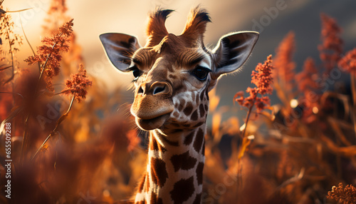Giraffe standing in the sunset, looking cute, in the savannah generated by AI