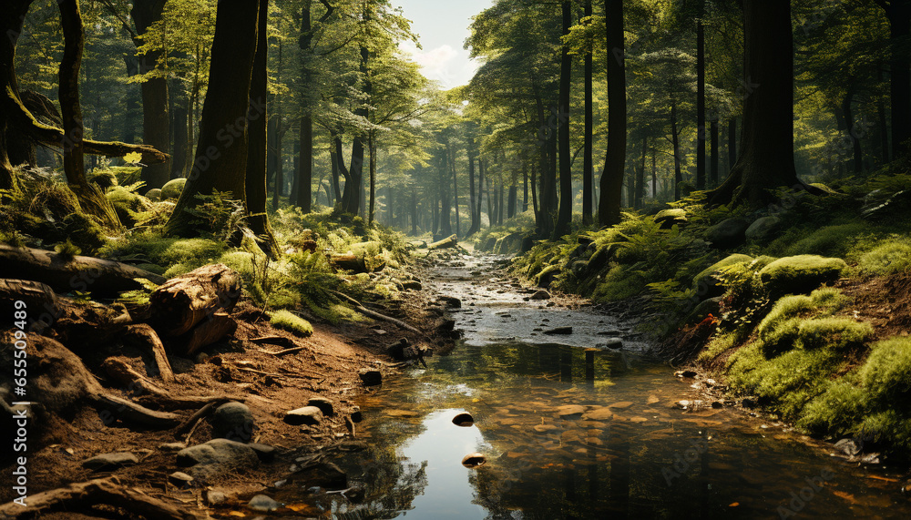 Fototapeta premium Tranquil scene of a wet forest, nature beauty in autumn generated by AI