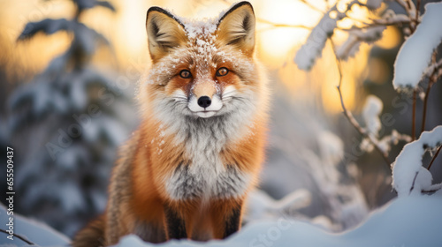 An orange fox looks excited in winter