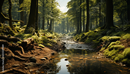 Tranquil scene of a wet forest  nature beauty in autumn generated by AI