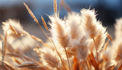 Fluffy wheat in golden meadow, nature beauty in summer generated by AI