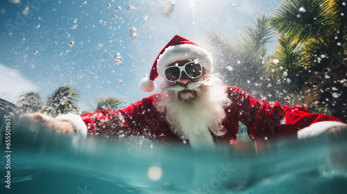 Santa Claus is bathing and enjoying tropical lagoon water with white sand beach and coconut trees