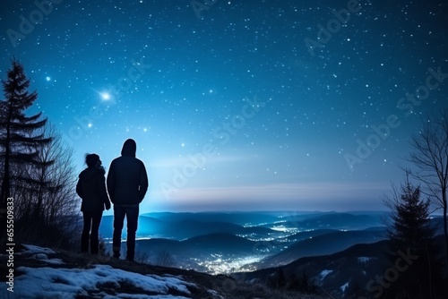 Two hikers in silhouette standing on a hill looking at the bright starry evening sky. Lovely evening night sky landscape image. Generative AI.   © Carl & Heidi