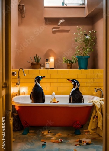 Fotografering deux pingouins mignons qui nagent dans une baignoire située au milieu d'une sall