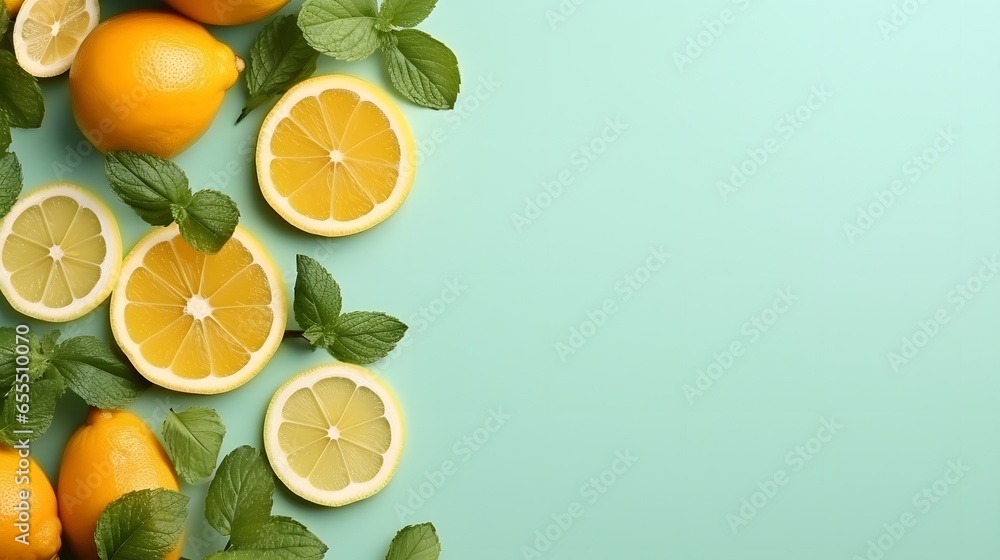 Obraz na płótnie Citrus slices and mint herbs frame on retro mint pastel background with copy space from above. Top view of lemon and orange refreshment. Summer fruit smoothie minimal banner design. w salonie