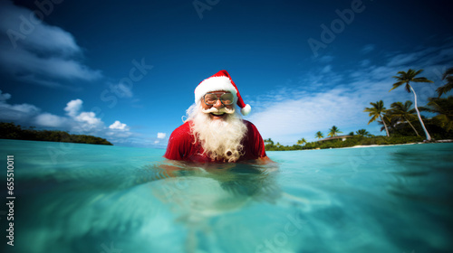 Santa Claus is bathing and enjoying tropical lagoon water with white sand beach and coconut trees, large shot