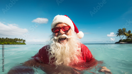 Santa Claus wearing red sunglasses is bathing and enjoying tropical lagoon water with white sand beach and coconut trees